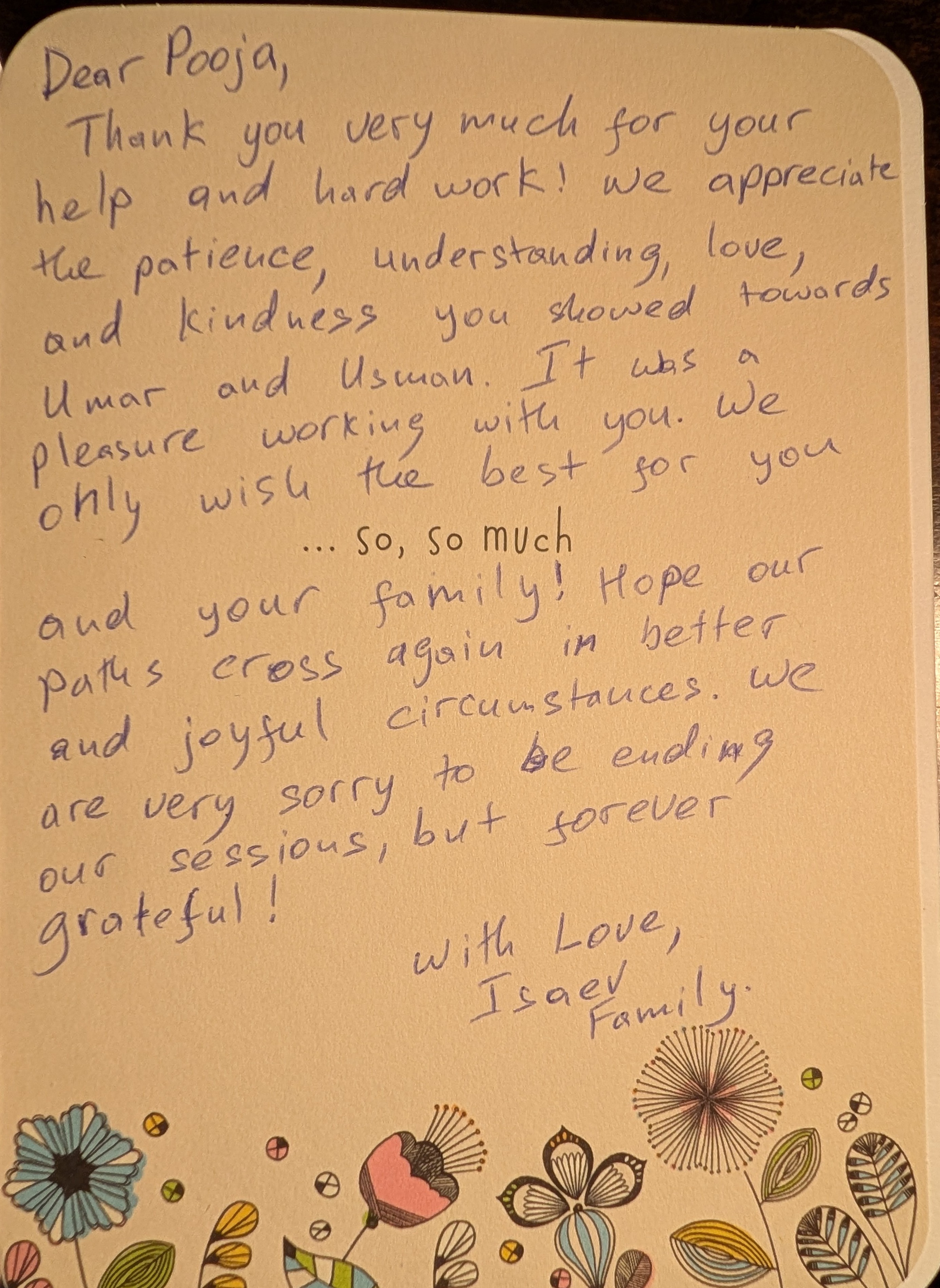 Testimonial from Umaar's family